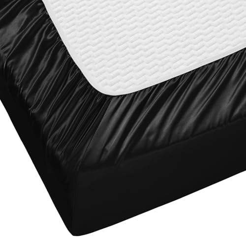 Image of SiinvdaBZX 4-Piece Cot Sheet Set 31 inch x 75 inch, Black Satin Cot Size Sheets Silky Soft Rv Bunk Bed Sheets for Narrow Twin /Camp Bunk /Guest Beds /Army Cots /Trifold Mattress