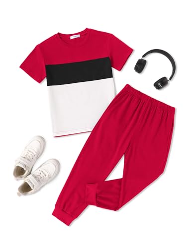 Image of Arshiner Boy's Pants Set - 2 Piece ColorBlock Short Sleeve T-Shirt and Active Pants - Casual Clothing Outfits 5-12 Years