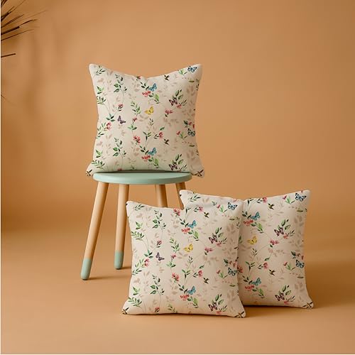 Image of Jaipur Weaves Cushion Cover 16 Inch X 16 Inch - Set of 3, Butterfly Garden 260 GSM Decorative Soft Cushion Covers for Sofa /Bed /Chair, Gift for Home Decor (Cream Garden, 3)