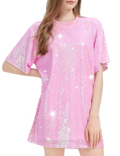 Cuecutie Sequin T-Shirt Dress Sparkly Short Sleeve Party Club Dress Women Sexy Casual Shinny Backless Shirt Dresses (US, Alpha, Large, Regular, Regular, Pink)
