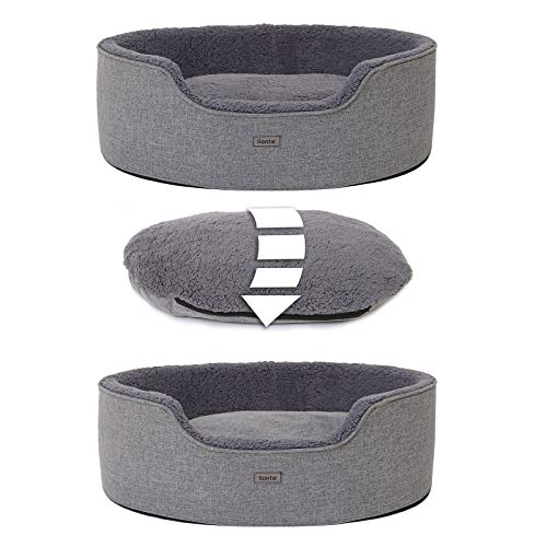 lionto Hundebett mit Wendekissen und waschbarem Bezug, formstabiles Hundekörbchen mit Anti-Rutsch-Noppen, 73x60 cm, kuscheliges Heimtierbett für Hunde und Katzen mit Plüsch, grau