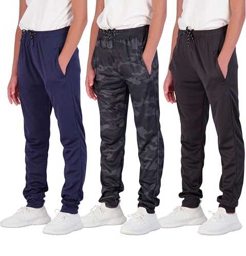 Real Essentials 3 Pack: Boy's Mesh Jogger Sweatpants - Youth Kids Baseball Football Athletic Pants with Pockets
