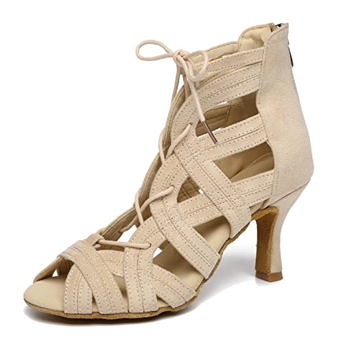Minishion Women's Ballroom Dancing Boots Lace-up Latin Shoes Formal Party Sandals L482 Nude 7.5cm Heel US 10.5