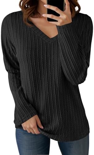 Cicy Bell Womens Long Sleeve Tops Trendy V Neck Ribbed Lightweight Shirts Dressy Casual Loose Fit Blouses