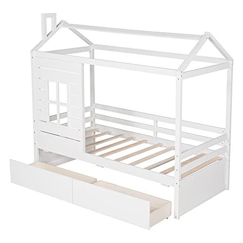 Bellemave Twin House Bed For Kids With Storage Drawers Wood Cabin Tent Bed Frame Montessori Beds With Roof And Window, For Boys Girls, Twin Size, White #TOP7