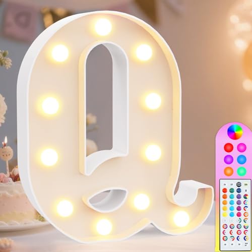 Image of Pooqla Colorful Light Up Letters with Remote, Upgraded 35 Colors LED Marquee Letters, RGB Lighted Letter for Girls Teenager Gift, Birthday, Party, Wedding, Night Light, Room, Bedroom Decor, Letter Q