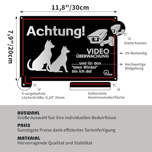 ZIENZENGYA 30x20cm Freilaufender Hund Videoüberwacht Metall Aluminium, Videoüberwachung Schild Hund Alu mit Vorgebohrten Löchern, Achtung Schilder Lustig und für den Toten Winkel Bin Ich Da