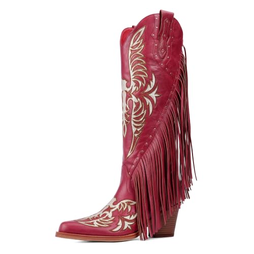 QIY Red Cowboy Boots for Women Fringe Cowgirl Boots Embroidered studded Pointed Toe Chunky Heel Western Knee High Boots Tall Boot Size 8