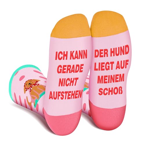 Lustige Socken für Frauen Mama Teenager Mädchen Oma Freundin Sie–"I Can't Get Up Right Now The Dog Is On My Lap-Niedliche Verrückt Flippig Niedlich Muttertag Valentinstag Weihnachtsstrumpf Geschenke