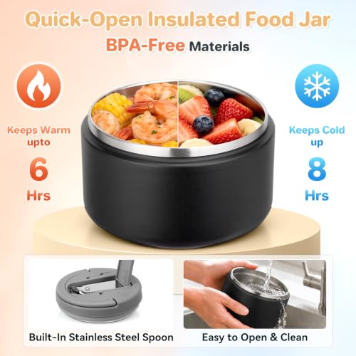 Image of Bento Lunch Box with 8oz Soup Thermo,Kids Leakproof 4 Compartment Lunch Food Containers with Sauce Cup and Ice Pack,Kids Thermo Insulated Hot Food Jar and Lunch Bag for School,Trvael-Black