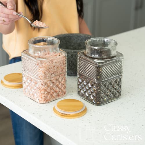 60 Ounce Square Large Glass Jar with Bamboo Lid - Large Kitchen Decorative Glass Jars with Vintage Diamond Pattern - Coffee Pasta Sugar Tea Snack Nuts Cookie Jar with Airtight Lids - Set of 2 - Thumbnail 6