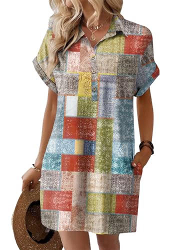 Image of HOTOUCH Womens Summer Shirt Dress 2026 Short Sleeve Floral Shift Dress Casual Loose Flowy Beach Sundress with Pockets