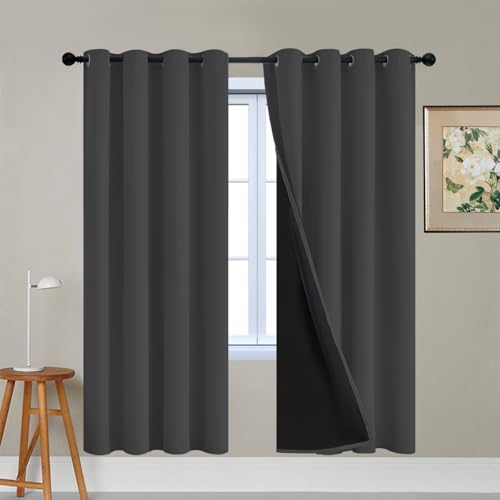 Image of Yakamok Charcoal Grey 100% Blackout Curtains 72 Inches Long 52 inch Wide 2 PCS | Blackout Curtain Panels for Bedroom, 2 Thick Layers Grommet Top Thermal Insulated Drapes with Black Liner for Living Room