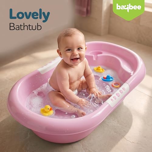 Image of Baybee Lovely Baby Bath Tub for 0 to 5 Years | Ergonomic Bath Tub for Kids with Quick Drain & Storage | Premium Baby Bather with Non Slip Base & Side Grip Bathing Tubs for Boys Girls (Pink)