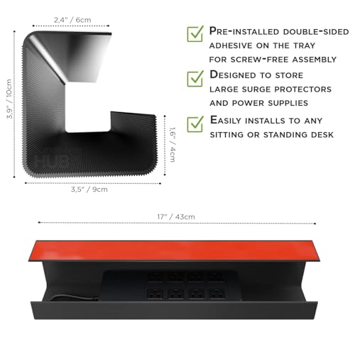 Image of No-Screw Under Desk Cable Management Tray - Self-Adhesive Installation, Cord Management, Cable Tray, Under Desk Wire Organizer - Black Set of 4