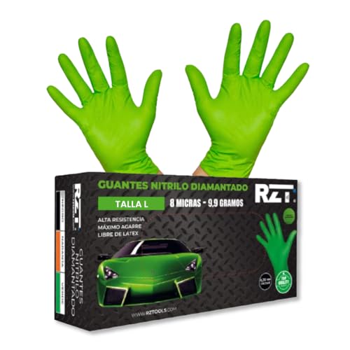 RZ TOOLS Guantes De Nitrilo Desechables Verdes De 100 Uds Guantes De Nitrilo Extra Gruesos Con Textura Diamante | Guantes Para Taller Y Montaje De Alta Resistencia Desechables | Tamaño L