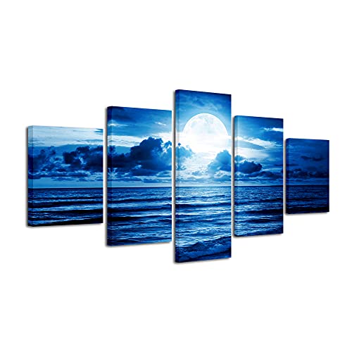 Holiday Deals 🛒 Pyradecor Blue Clouds Modern 5 Panels Moon Sea Beach Canvas Wall Art Large Gallery Wrapped Landscape Giclee Canvas Prints Pictures Artwork Paintings for Living Room Bedroom Home Decorations L
