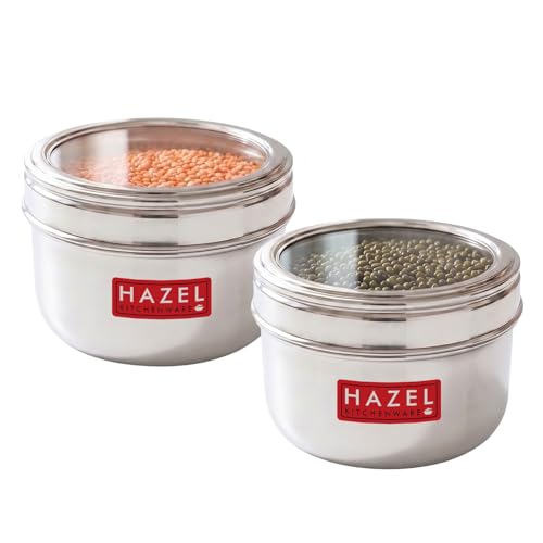 Image of HAZEL Steel Storage Containers with Clear View Lid, 1100ml (Pack of 2) | Kitchen Dabbas for Snacks, Dry Food & Leftovers