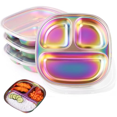 Assiettes enfants inox 3 compartiments avec couvercle lot de 4 - 3