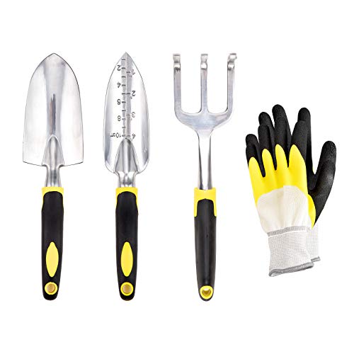 YIXIAO Garden Tool Set, 4 Pack Aluminum Gardening Kit with Soft Rubber Non-Slip Handle Tools, Includes Hand Trowel, Transplant Trowel, Cultivator Hand Rake, Gardening Gloves for Weeding, Digging