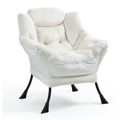 TIANSHU Sillon Relax de Terciopelo Sillones para el Salón, Butaca con Soporte para el Cuello Sillon Lectura Patas de Metal Butaca Dormitorio Sillón Tapizado (Beige)