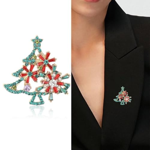 Image of Christmas Brooch Pins Crystal Christmas Tree Snowflake Jingle Bell Reindeer Enamel Brooches Holiday Party Gift for Women