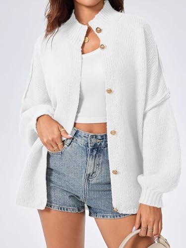LLECDASEUI Womens Oversized Cardigans Long Lantern Sleeve Button Down Chunky Knit Loose Fall Sweater Coats (White,M) - Image 2