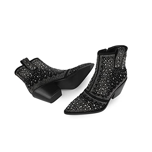 Isnom Rhinestone Boots Cowboy Boots For Women, Sparkly Boots Short Cowgirl Boots Black Ankle Boots Block Heel Western Glitter Booties Crystal Rhinestone Combat Boots #TOP5