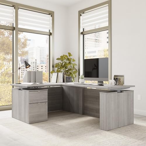 Image of Bush Business Furniture 60-inch Height Adjustable L Shaped Standing Desk with File Cabinet, Ergonomic Sit-Stand Computer Table for Office, Stratus Collection, Platinum Gray with Metallic Gray Base