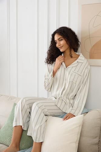 Image of YiNi LuLu Womens Silk Satin Pajamas Set Button Down 2 Piece Pjs Long Sleeve Oversized Sleepwear with Pockets