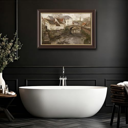 Image of Vintage Framed Canal Town Landscape Canvas Wall Art, Antique European Village Bridge Painting, Rustic Neutral Tone Wall Decor for Living Room Bedroom Home Aesthetic
