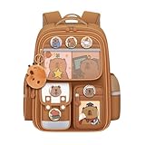 DHUENIOPE Linda mochila capivara com capa chique e mais alfinetes, bolsa de desenho animado, laptop, utilitário de viagem, bolsa casual divertida para sair (cáqui), Marrom, Large, Kawaii