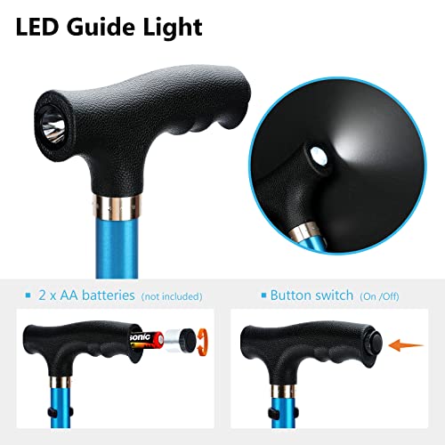Kakiclay Folding Walking Cane With Led Light For Men & Women, Foldable Adjustable Lightweight Aluminum Walking Stick Balancing Mobility Aid Cane (Blue) #TOP1