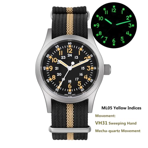Image of Militado ML05 38mm VH31 Quartz Watch - Domed Sapphire Crystal Field Watch C3 Super Luminous Retro Sweep Wrist Watch for Men 100M Waterproof