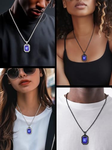 Image of ChainsHouse Viking Rune Pendant Necklace for Men Women, Punk Biker Black Metal /316L Stainless Steel Onyx Norse Vintage Amulet Necklaces with Black /Red /Green /Blue Gemstone, Send Gift Box