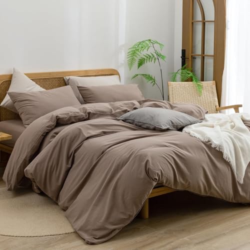 Image of BESTOUCH Cotton Solid Duvet Cover Set Pine Bark Brown Oversized Full | 100% Washed Cotton, Soft Wrinkle Texture, Hidden Zipper, 8 Ties, Breathable Lightweight Durable Comfy, 3 Pcs No Insert