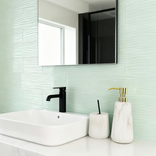 Azulejos de vidrio autoadhesivos ondulados verde claro 3x12 para renovar paredes 6