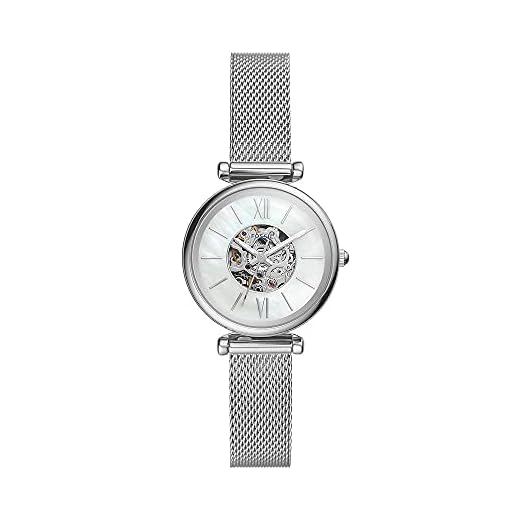 Fossil Reloj para mujer Carlie Mini Automatic, movimiento automático, caja de acero inoxidable plateado de 28 mm con correa de malla de acero inoxidable, ME3189