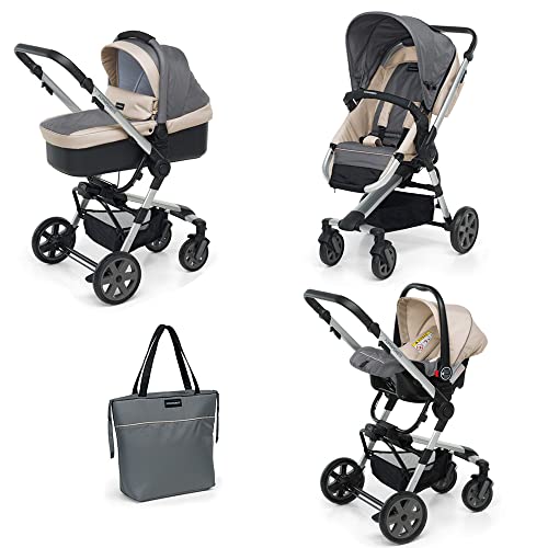 Foppapedretti, Supertres, sistema combinado, equipado con silla de paseo, capazo, silla de coche y bolso, para niños desde el nacimiento hasta los 15 kg (unos 3 años), Gris (Silver)