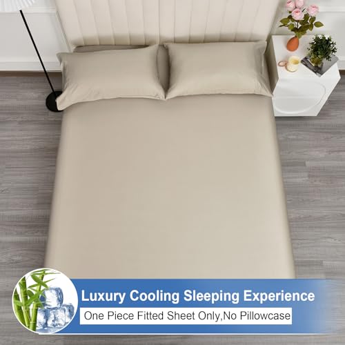 PHF 100% Rayon Derived from Bamboo Fitted Sheet Twin Size, 16" Deep Pocket,2.5cm Wider Strong Elastic Easy Fit, Breathable Silky Soft Skin-Friendly for Hot Sleeper,39"x 75",Light Taupe,No Pillowcases