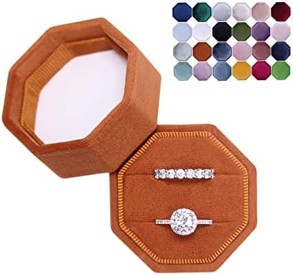 BLUTETE Velvet 2 Slots Jewelry Ring Box Engagement Wedding Box Keepsake Box Bridal Photo Ring Double Slots Octagon (Burnt Orange)