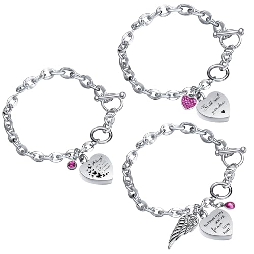 Ecation 3 Pack Urn Bracelet for Ashes Cremation Ashes Bracelet Memorial Rhinestones Jewelry Heart Locket Holder with Different Words Stainless Steel Urns Bangle Keepsake for Women Men (Purple)