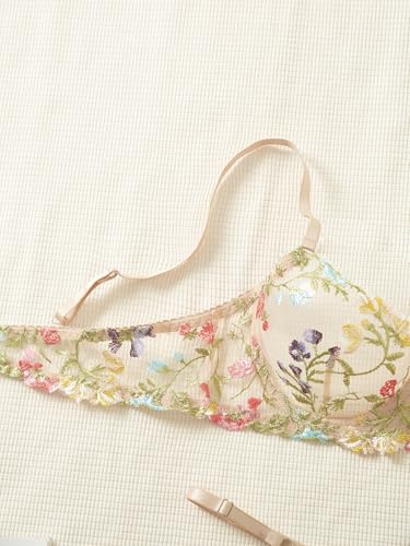 Image of Sexy Floral Embroidered Flower Mesh Underwire Push Up Lingerie Set