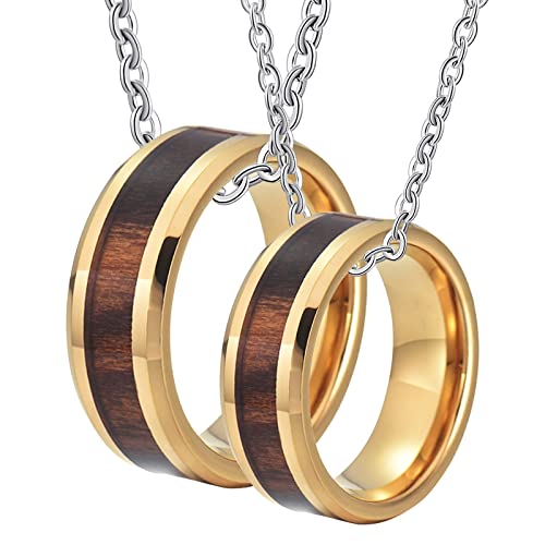Collier couple en tungstène avec pendentif bague dorée motif bois