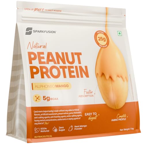 Image of SparkFusion Natural Peanut Protein Isolate - Flavor - 25g Protein, 5g BCAA, Zero Sugar, Gut-Friendly, Vegan, Lab-Tested, No Artificial Additives (1 kg (Pack of 1), Alphonso Mango)
