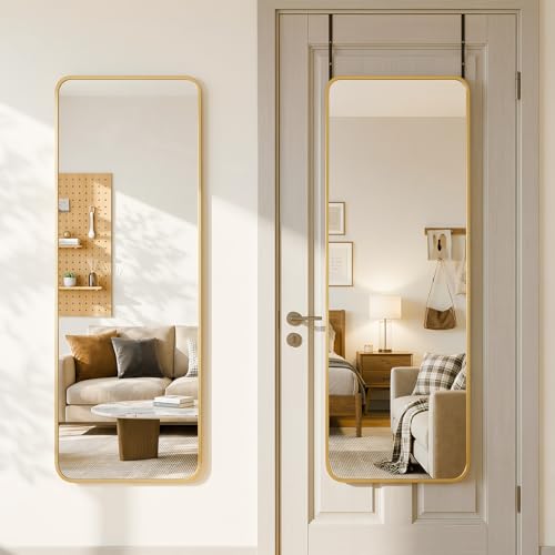 Image of Antok 58 inchx20 inch Over the Door Mirror, Full Length Mirror Door Hanging with Aluminum Metal Frame, Rectangle Wall Mounted Body Mirrors for Bedroom, No-Drill Space Saving Dressing Mirrors, Gold
