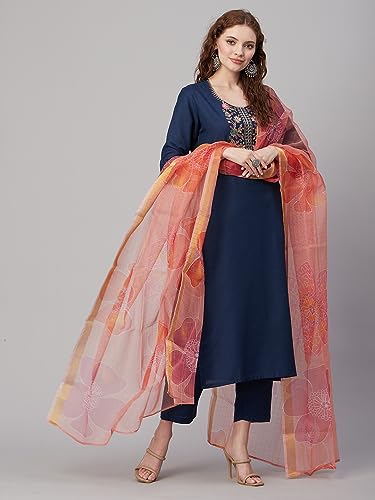 Image of GoSriKi Women's Cotton Blend Straight Embroidered Kurta with Pant & Dupatta