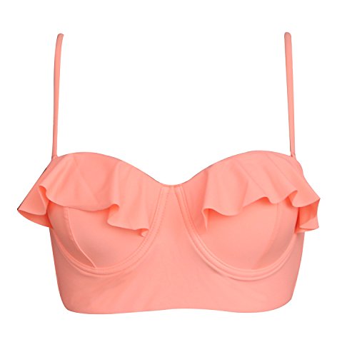 Solid Ruffle Summer Beach Swim Push up Tops Pin up Swimwear-TX030-OR1, S, Orange