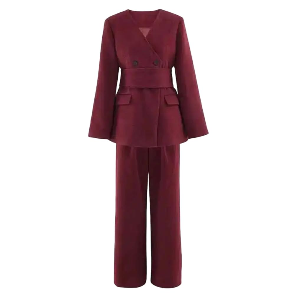 Womens Red Two-Piece Set Double-Breasted V-Neck Blazer and High-Waisted Casual Pants
