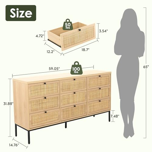 Yechen 59" Wide 9 Drawers Rattan Dresser, Light Wooden Chest of Drawers, Large Boho Dressers with Smooth Metal Slides, Mid-Century Natural TV Stand, Organizer for Bedroom Nursery Closet - Image 2